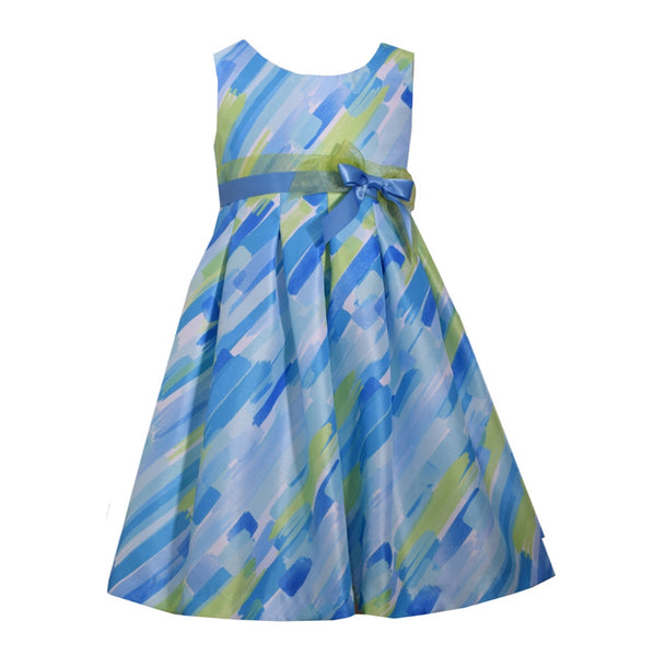 Katie blue & lime green brush strokes ribbon dress