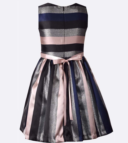 GINA pink, navy and silver stripe bow dress