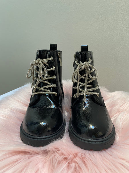 Megan black DM Style Patent short boots with diamanté laces