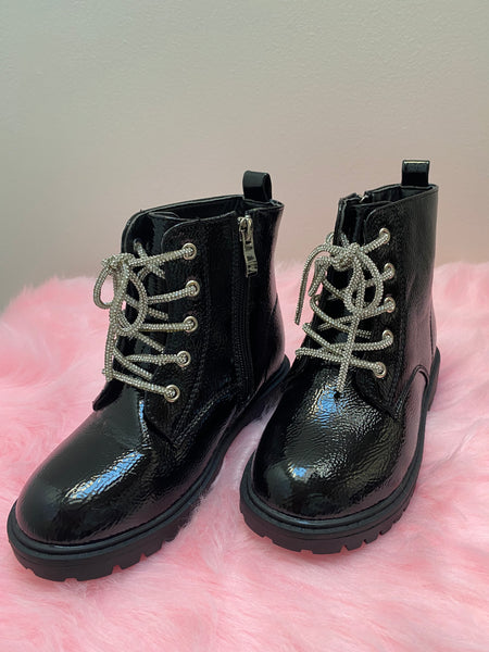 Megan black DM Style Patent short boots with diamanté laces