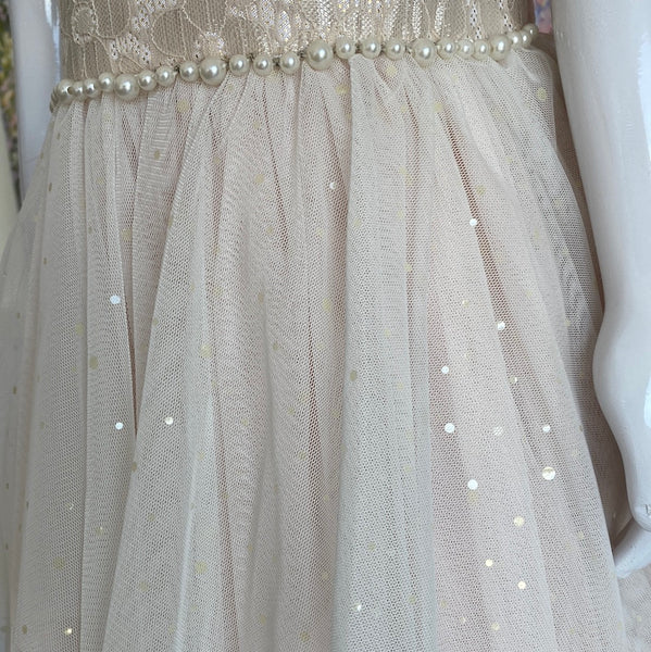 Maggie Pearl pale pink blush party Flowergirl  dress with a pearl embellished waist