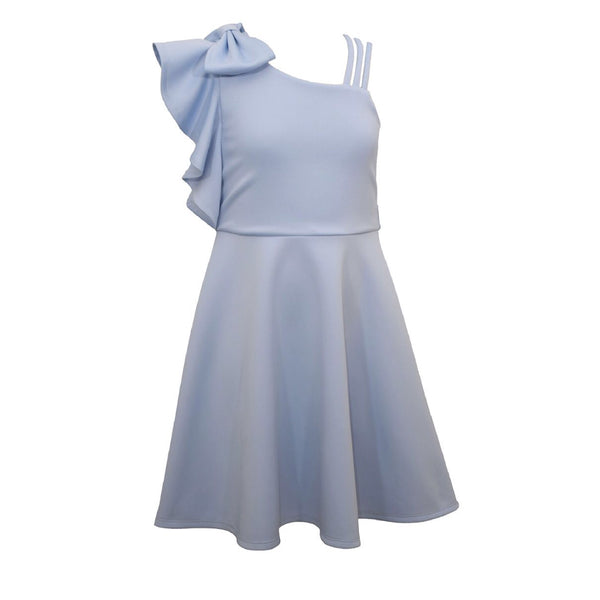 Seline baby blue skater style dress with ruffle shoulder & bow