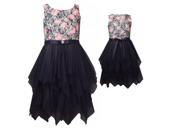 Sheila navy & pink rose print tulle handkerchief dress