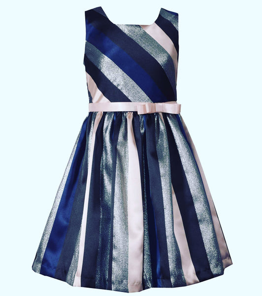 GINA pink, navy and silver stripe bow dress